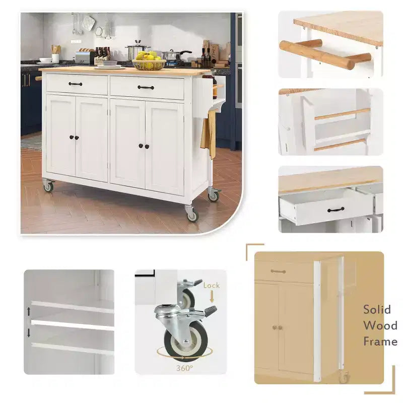 Desservante d'îlot de cuisine PexFix de 137,9 cm avec plateau en bois massif et roues verrouillables, armoire à 4 portes et deux tiroirs, support à épices et porte-serviettes, blanche