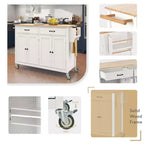 Desservante d'îlot de cuisine PexFix de 137,9 cm avec plateau en bois massif et roues verrouillables, armoire à 4 portes et deux tiroirs, support à épices et porte-serviettes, blanche