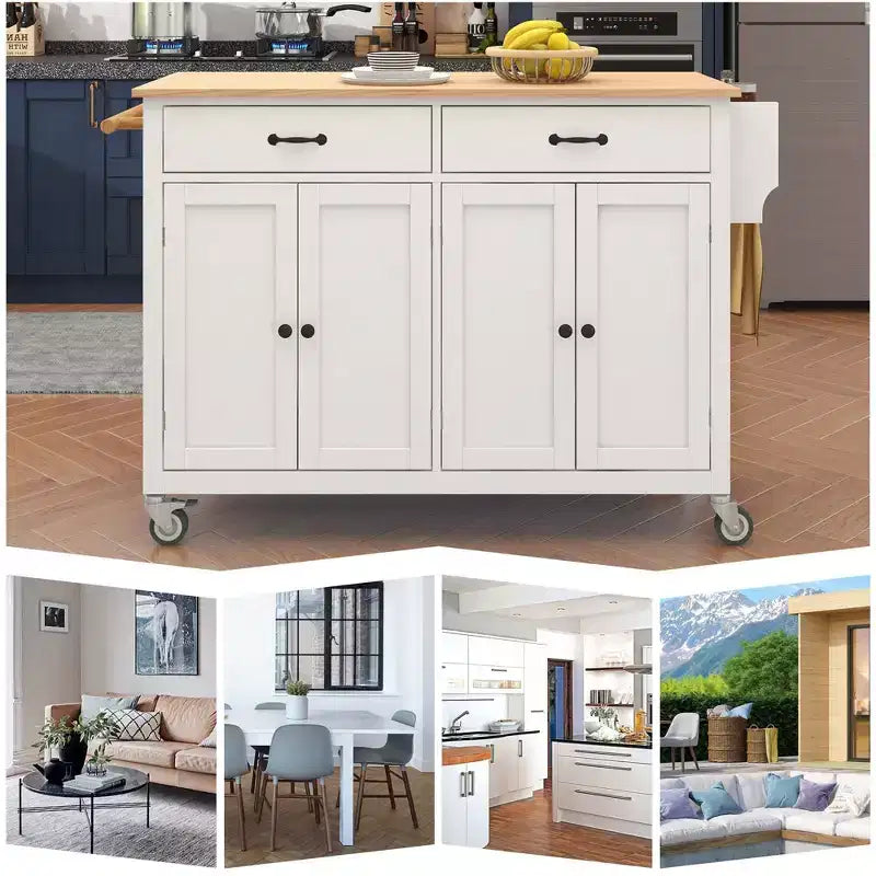Desservante d'îlot de cuisine PexFix de 137,9 cm avec plateau en bois massif et roues verrouillables, armoire à 4 portes et deux tiroirs, support à épices et porte-serviettes, blanche