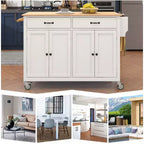Desservante d'îlot de cuisine PexFix de 137,9 cm avec plateau en bois massif et roues verrouillables, armoire à 4 portes et deux tiroirs, support à épices et porte-serviettes, blanche