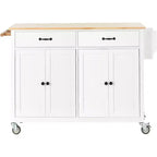 Desservante d'îlot de cuisine PexFix de 137,9 cm avec plateau en bois massif et roues verrouillables, armoire à 4 portes et deux tiroirs, support à épices et porte-serviettes, blanche
