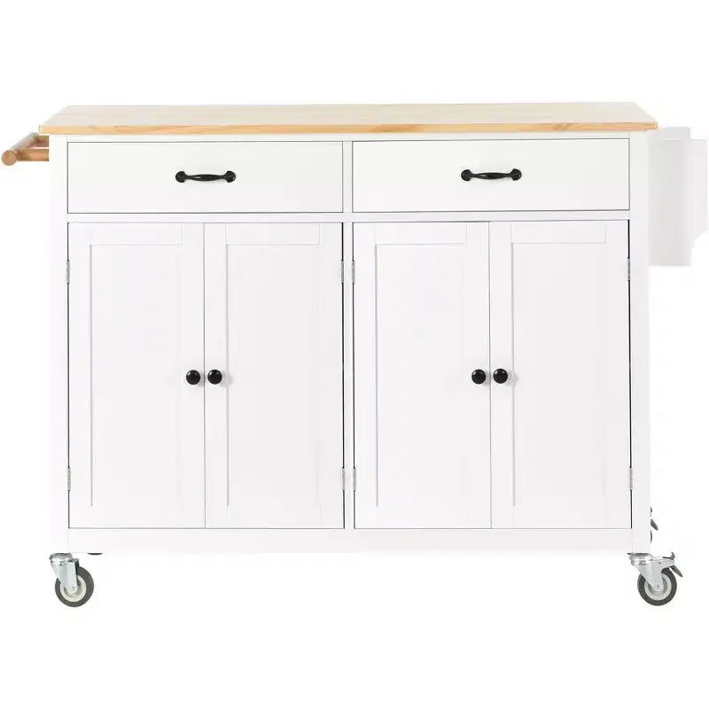 Desservante d'îlot de cuisine PexFix de 137,9 cm avec plateau en bois massif et roues verrouillables, armoire à 4 portes et deux tiroirs, support à épices et porte-serviettes, blanche