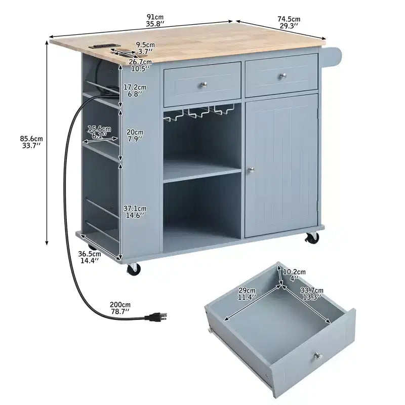 Îlot de cuisine PexFix avec prise de courant, îlot de rangement de cuisine avec abattant, casier à vin et rangement réglable pour la maison, la cuisine, la salle à manger, bleu