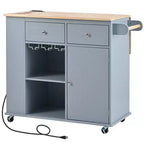 Îlot de cuisine PexFix avec prise de courant, îlot de rangement de cuisine avec abattant, casier à vin et rangement réglable pour la maison, la cuisine, la salle à manger, bleu