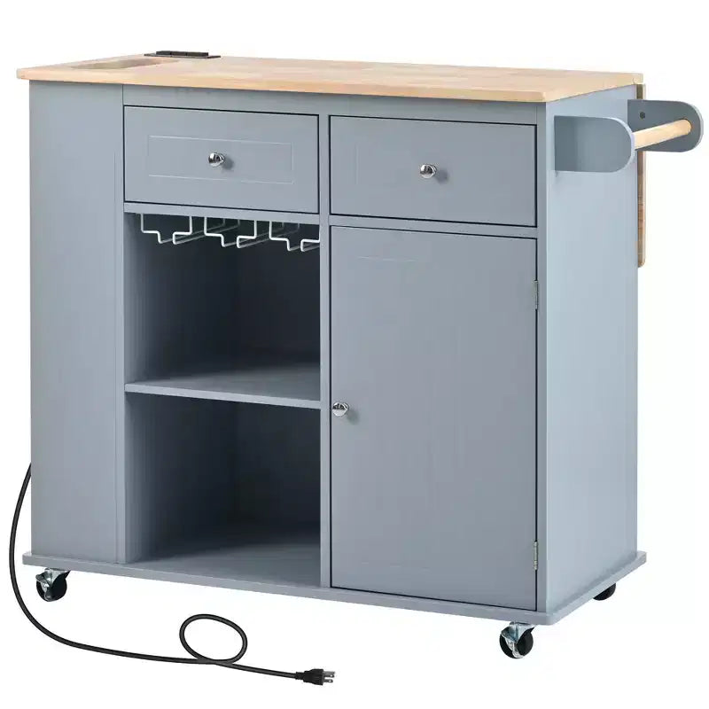 Îlot de cuisine PexFix avec prise de courant, îlot de rangement de cuisine avec abattant, casier à vin et rangement réglable pour la maison, la cuisine, la salle à manger, bleu