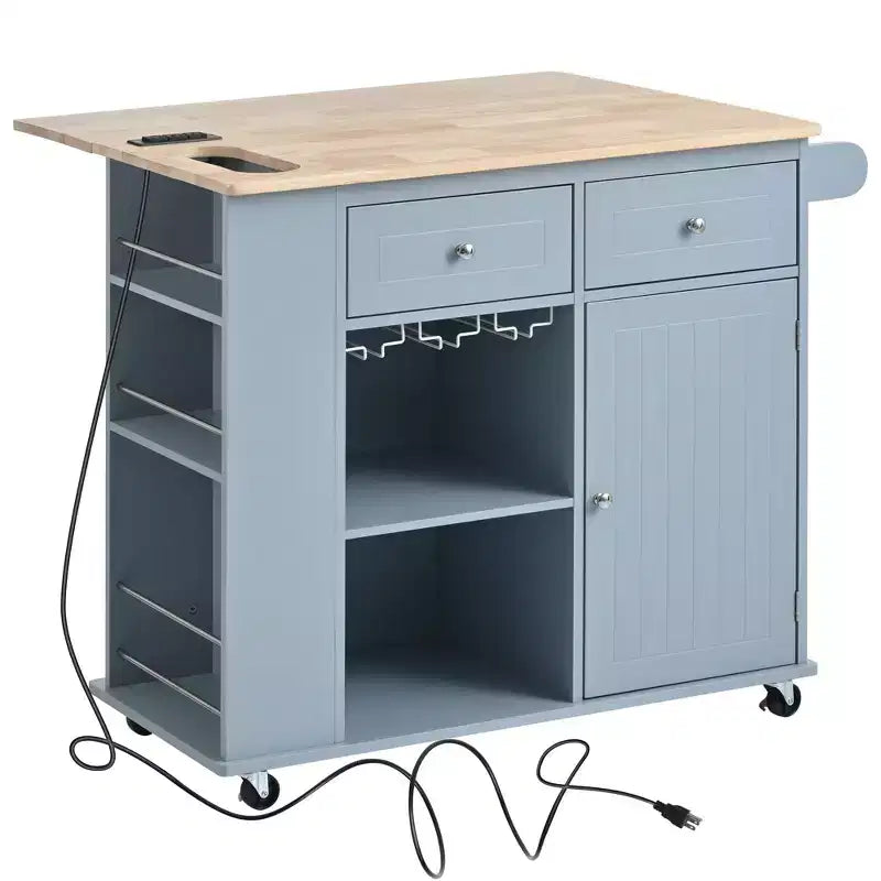 Îlot de cuisine PexFix avec prise de courant, îlot de rangement de cuisine avec abattant, casier à vin et rangement réglable pour la maison, la cuisine, la salle à manger, bleu