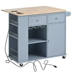 Îlot de cuisine PexFix avec prise de courant, îlot de rangement de cuisine avec abattant, casier à vin et rangement réglable pour la maison, la cuisine, la salle à manger, bleu