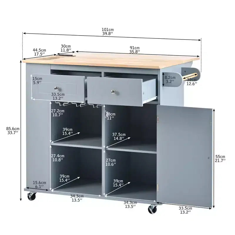 Îlot de cuisine PexFix avec prise de courant, îlot de rangement de cuisine avec abattant, casier à vin et rangement réglable pour la maison, la cuisine, la salle à manger, bleu