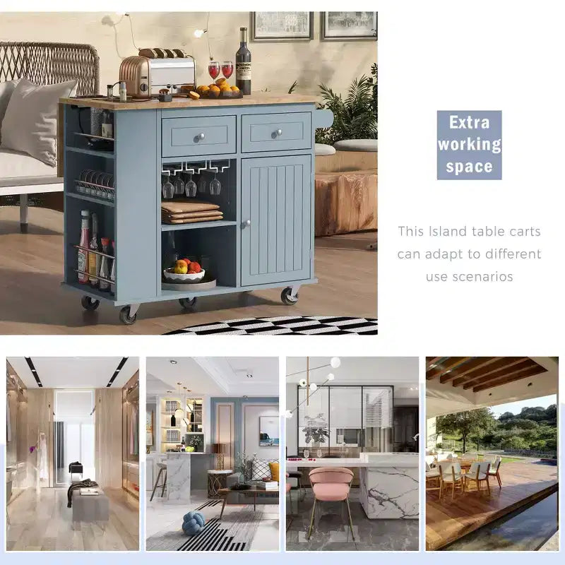 Îlot de cuisine PexFix avec prise de courant, îlot de rangement de cuisine avec abattant, casier à vin et rangement réglable pour la maison, la cuisine, la salle à manger, bleu