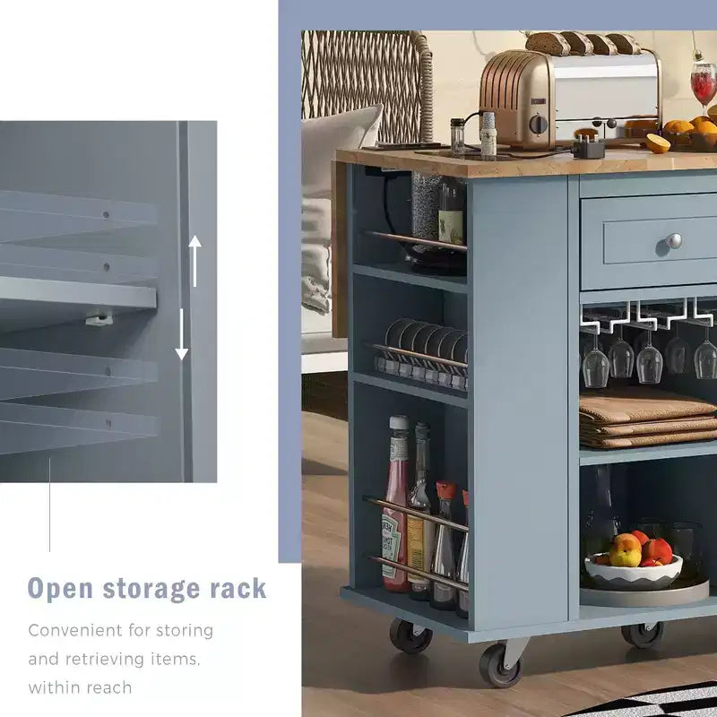 Îlot de cuisine PexFix avec prise de courant, îlot de rangement de cuisine avec abattant, casier à vin et rangement réglable pour la maison, la cuisine, la salle à manger, bleu