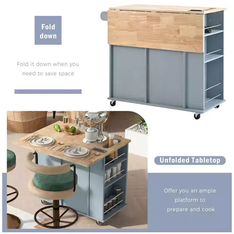 Îlot de cuisine PexFix avec prise de courant, îlot de rangement de cuisine avec abattant, casier à vin et rangement réglable pour la maison, la cuisine, la salle à manger, bleu