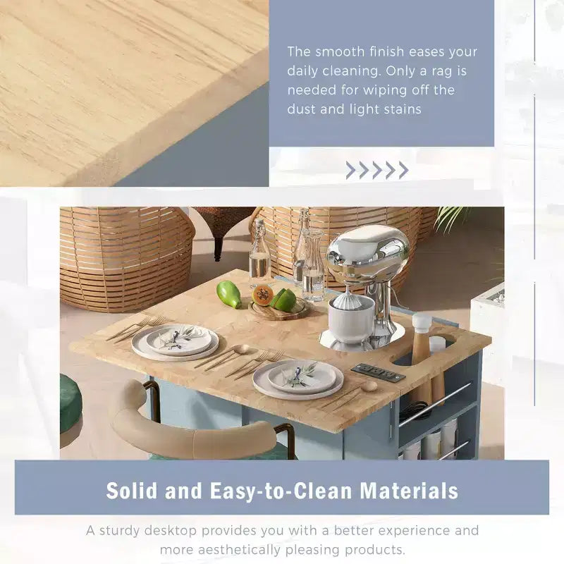 Îlot de cuisine PexFix avec prise de courant, îlot de rangement de cuisine avec abattant, casier à vin et rangement réglable pour la maison, la cuisine, la salle à manger, bleu