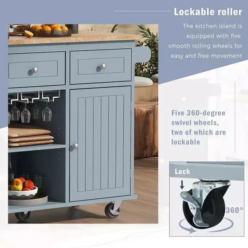 Îlot de cuisine PexFix avec prise de courant, îlot de rangement de cuisine avec abattant, casier à vin et rangement réglable pour la maison, la cuisine, la salle à manger, bleu