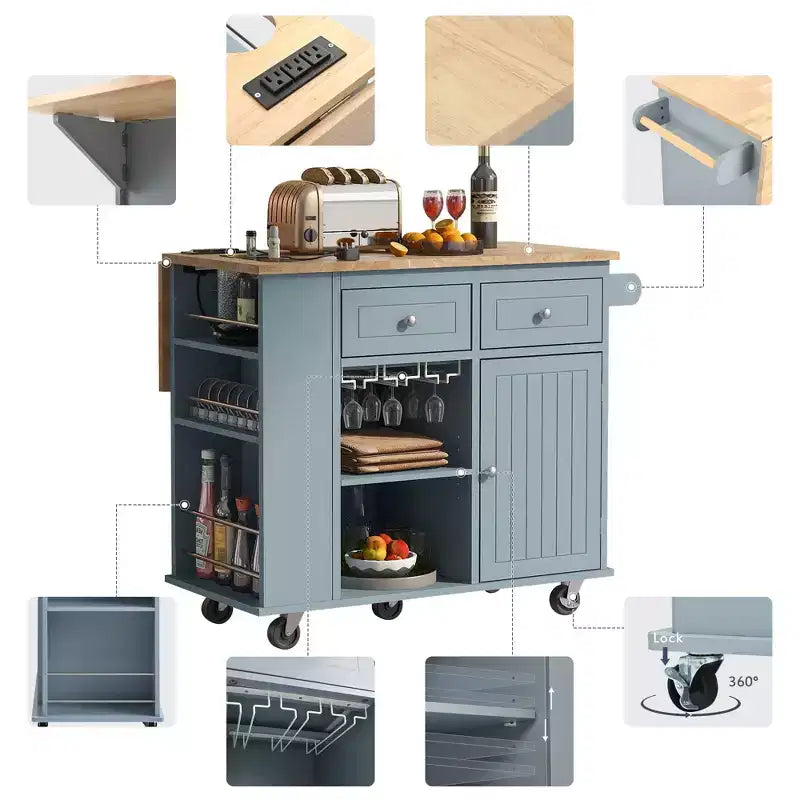 Îlot de cuisine PexFix avec prise de courant, îlot de rangement de cuisine avec abattant, casier à vin et rangement réglable pour la maison, la cuisine, la salle à manger, bleu