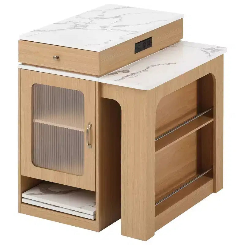 Îlot de cuisine PexFix 59,5 avec table à manger extensible Table de rangement de cuisine avec rangement double face avec prise de courant et étagères latérales ouvertes Naturel