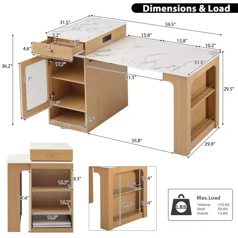 Îlot de cuisine PexFix 59,5 avec table à manger extensible Table de rangement de cuisine avec rangement double face avec prise de courant et étagères latérales ouvertes Naturel