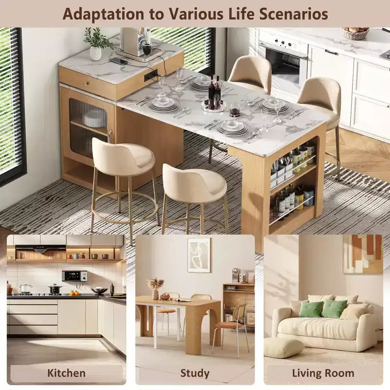 Îlot de cuisine PexFix 59,5 avec table à manger extensible Table de rangement de cuisine avec rangement double face avec prise de courant et étagères latérales ouvertes Naturel