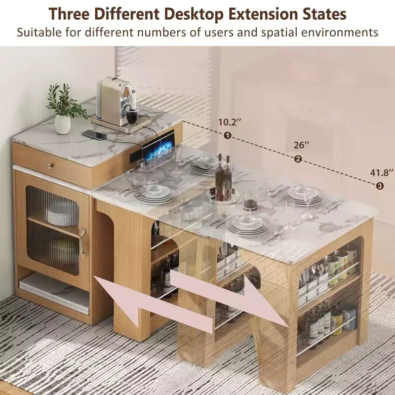 Îlot de cuisine PexFix 59,5 avec table à manger extensible Table de rangement de cuisine avec rangement double face avec prise de courant et étagères latérales ouvertes Naturel