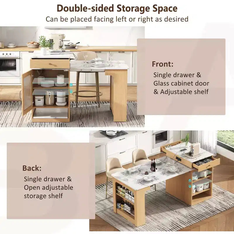Îlot de cuisine PexFix 59,5 avec table à manger extensible Table de rangement de cuisine avec rangement double face avec prise de courant et étagères latérales ouvertes Naturel
