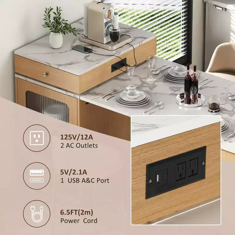Îlot de cuisine PexFix 59,5 avec table à manger extensible Table de rangement de cuisine avec rangement double face avec prise de courant et étagères latérales ouvertes Naturel