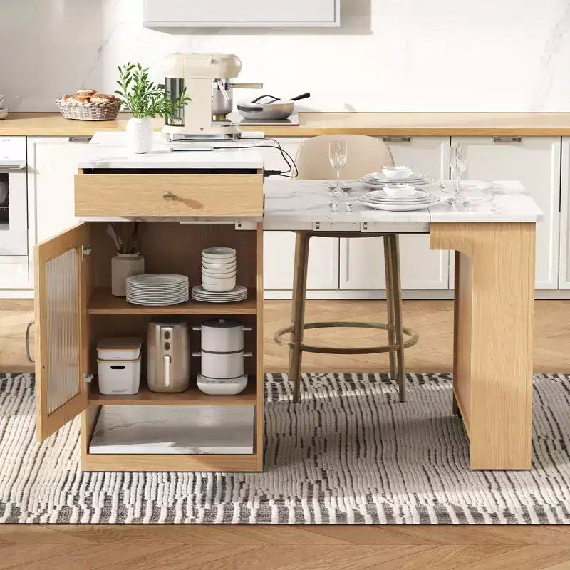 Îlot de cuisine PexFix 59,5 avec table à manger extensible Table de rangement de cuisine avec rangement double face avec prise de courant et étagères latérales ouvertes Naturel