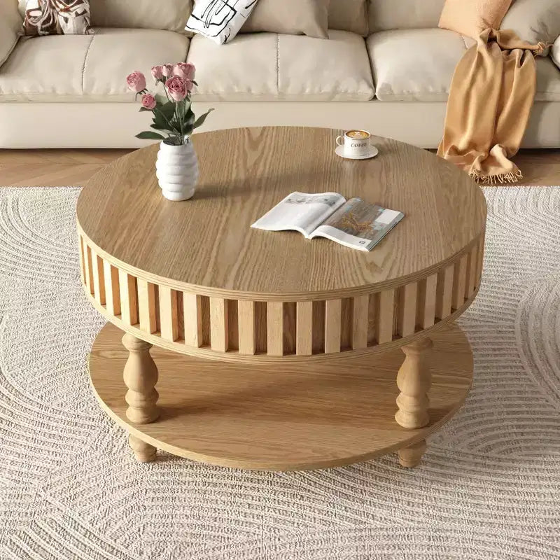 Table basse ronde vintage Okak à 2 niveaux avec double rangement, table basse en placage de bois massif pour salon, chambre à coucher