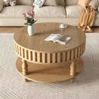 Table basse ronde vintage Okak à 2 niveaux avec double rangement, table basse en placage de bois massif pour salon, chambre à coucher