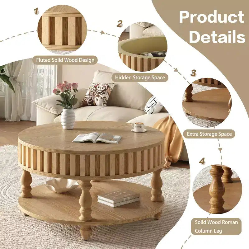 Table basse ronde vintage Okak à 2 niveaux avec double rangement, table basse en placage de bois massif pour salon, chambre à coucher