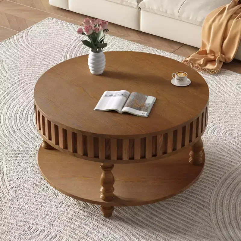 Table basse ronde vintage Okak à 2 niveaux avec double rangement, table basse en placage de bois massif pour salon, chambre à coucher