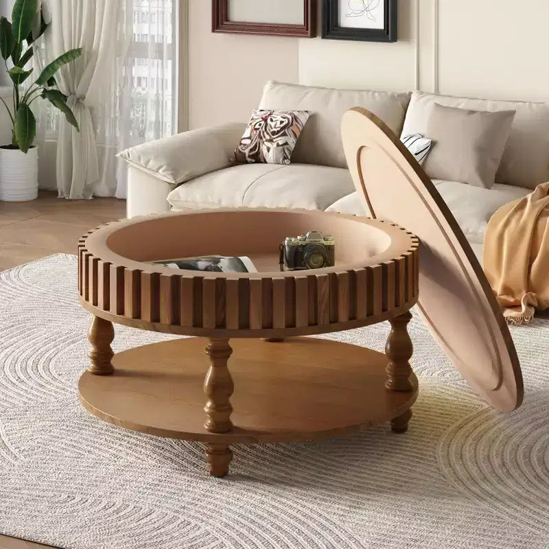 Table basse ronde vintage Okak à 2 niveaux avec double rangement, table basse en placage de bois massif pour salon, chambre à coucher