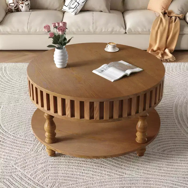 Table basse ronde vintage Okak à 2 niveaux avec double rangement, table basse en placage de bois massif pour salon, chambre à coucher