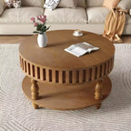 Table basse ronde vintage Okak à 2 niveaux avec double rangement, table basse en placage de bois massif pour salon, chambre à coucher