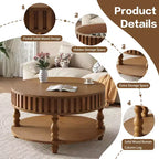 Table basse ronde vintage Okak à 2 niveaux avec double rangement, table basse en placage de bois massif pour salon, chambre à coucher