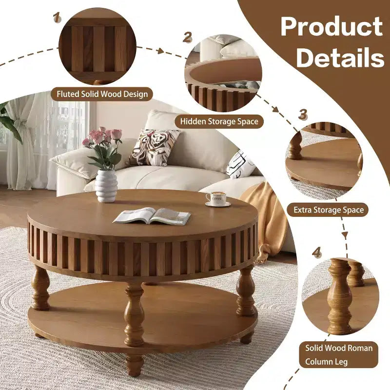 Table basse ronde vintage Okak à 2 niveaux avec double rangement, table basse en placage de bois massif pour salon, chambre à coucher