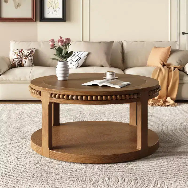 Table basse ronde vintage Okak à 2 niveaux avec double rangement, table basse en placage de bois massif pour salon, chambre à coucher