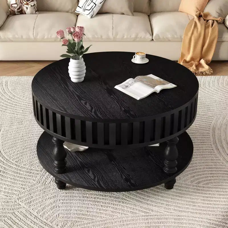 Table basse ronde vintage Okak à 2 niveaux avec double rangement, table basse en placage de bois massif pour salon, chambre à coucher
