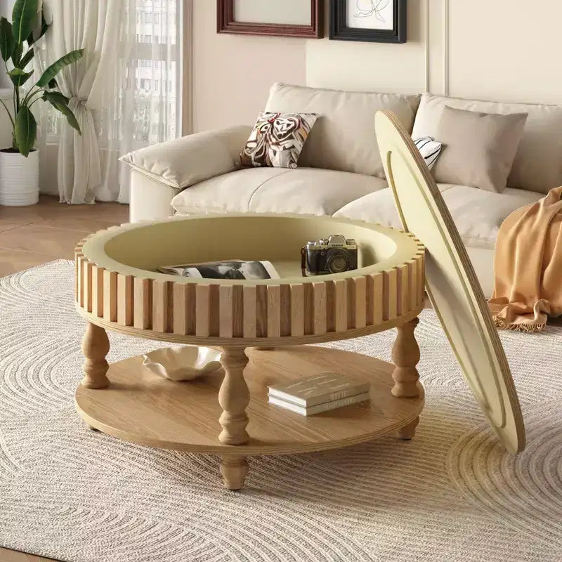 Table basse ronde vintage Okak à 2 niveaux avec double rangement, table basse en placage de bois massif pour salon, chambre à coucher