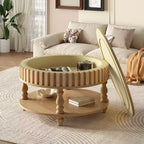 Table basse ronde vintage Okak à 2 niveaux avec double rangement, table basse en placage de bois massif pour salon, chambre à coucher