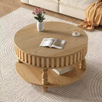 Table basse ronde vintage Okak à 2 niveaux avec double rangement, table basse en placage de bois massif pour salon, chambre à coucher