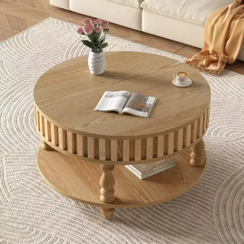 Table basse ronde vintage Okak à 2 niveaux avec double rangement, table basse en placage de bois massif pour salon, chambre à coucher
