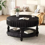 Okak Vintage Round 2-Tier Coffee Table with Dual Storage,Solid Wood Veneer Center Table for Living Room,Bedroom