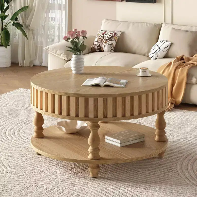 Table basse ronde vintage Okak à 2 niveaux avec double rangement, table basse en placage de bois massif pour salon, chambre à coucher