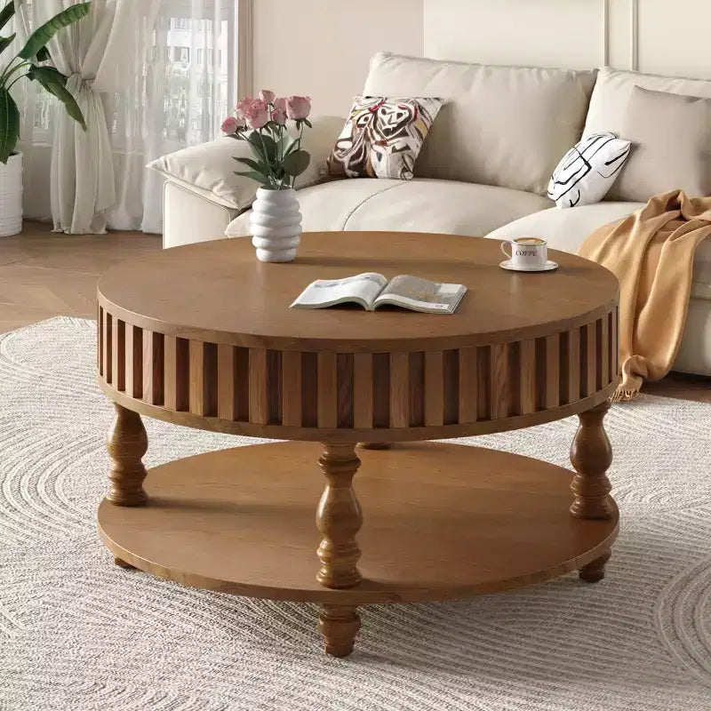 Table basse ronde vintage Okak à 2 niveaux avec double rangement, table basse en placage de bois massif pour salon, chambre à coucher