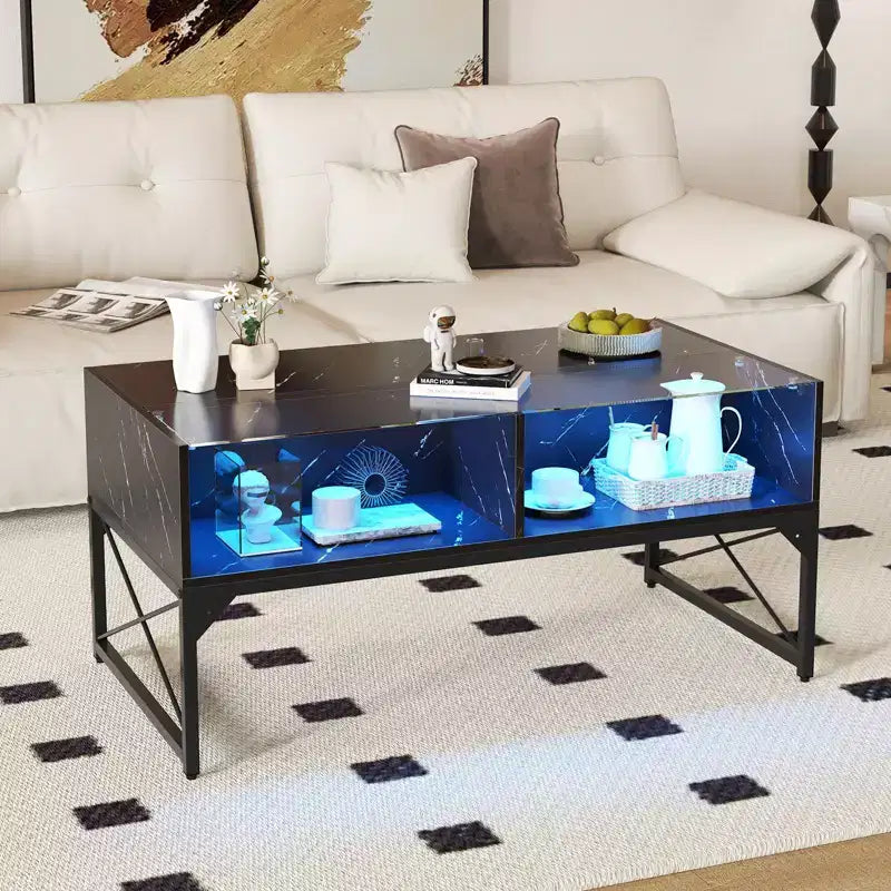 Table basse LED Costway avec 4 cubes de rangement, plateau en faux marbre et verre trempé pour salon, noir