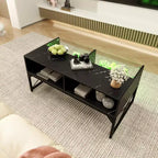 Table basse LED Costway avec 4 cubes de rangement, plateau en faux marbre et verre trempé pour salon, noir