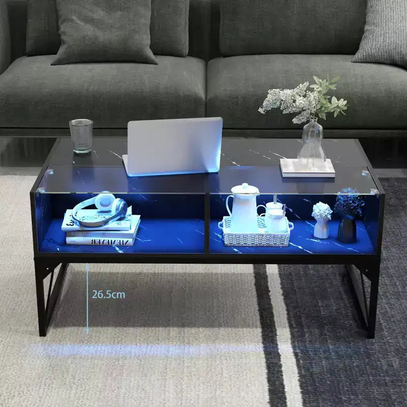 Table basse LED Costway avec 4 cubes de rangement, plateau en faux marbre et verre trempé pour salon, noir