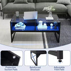 Table basse LED Costway avec 4 cubes de rangement, plateau en faux marbre et verre trempé pour salon, noir