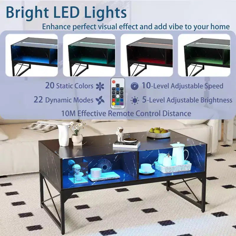 Table basse LED Costway avec 4 cubes de rangement, plateau en faux marbre et verre trempé pour salon, noir