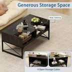 Table basse LED Costway avec 4 cubes de rangement, plateau en faux marbre et verre trempé pour salon, noir