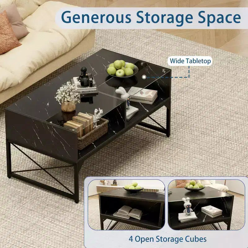 Table basse LED Costway avec 4 cubes de rangement, plateau en faux marbre et verre trempé pour salon, noir